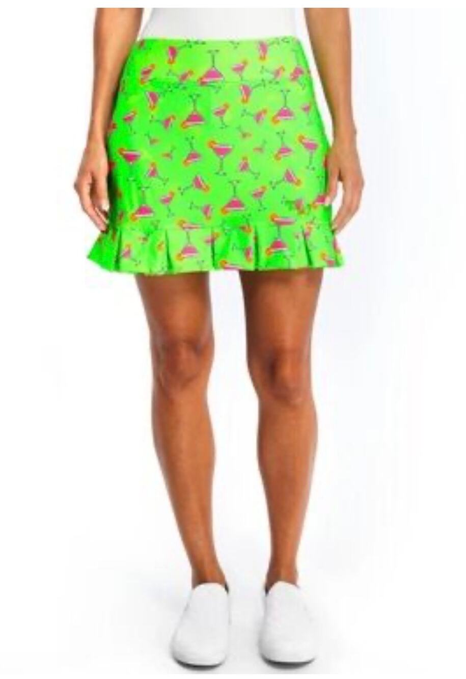 Tzu Tzu Sport Golf Athletic Skort Green Pink Martini Glass Print Ruffle Size M